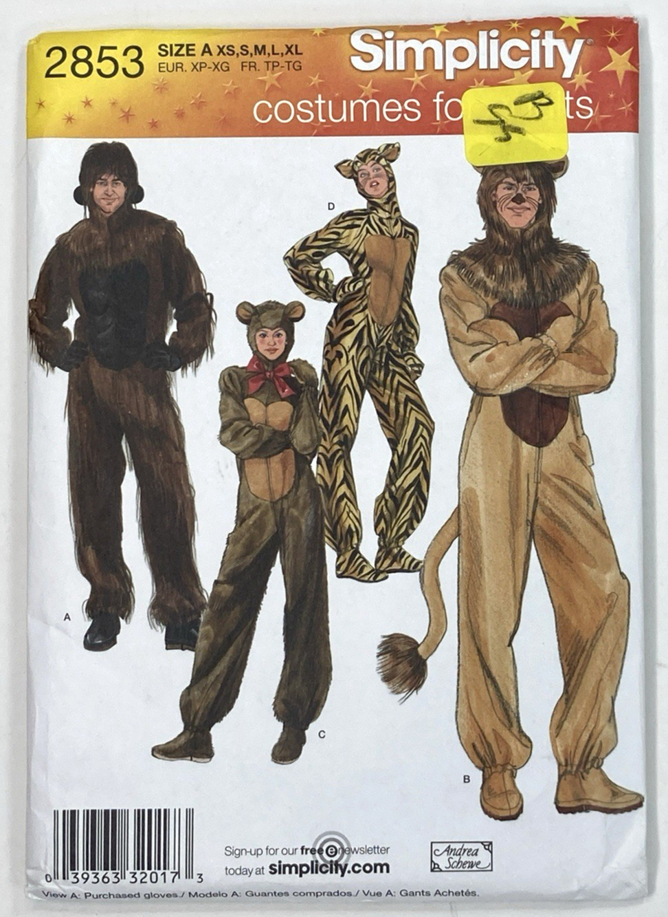 Simplicity 2853 Adult Animal Costumes Pattern Lion Tiger Bear Ape XS-XL UNCUT